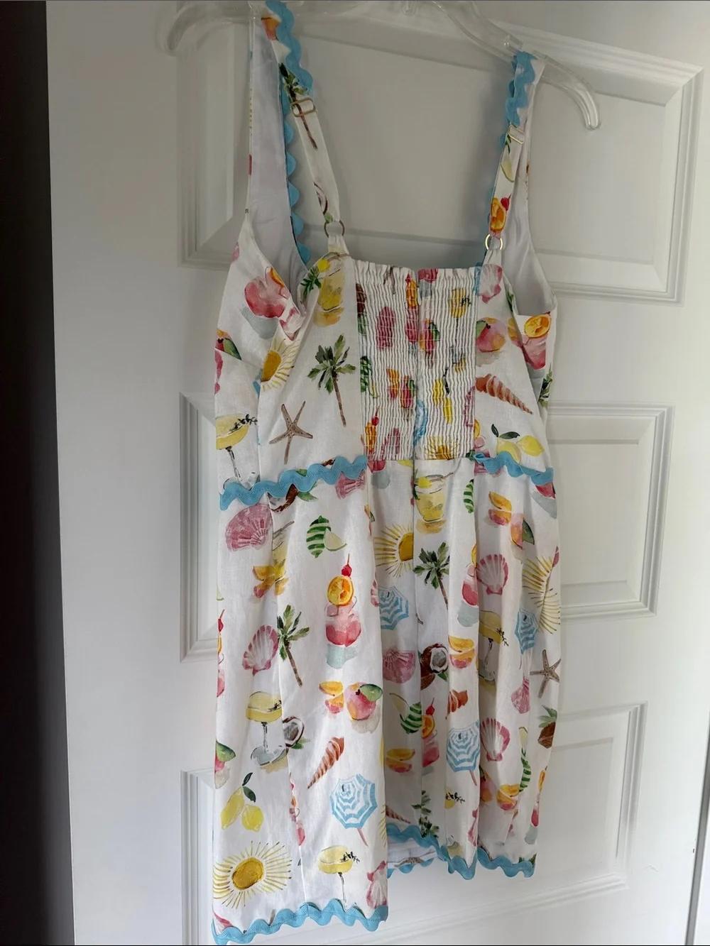 Show Me Your MuMu White Mini Dress with Blue Ricrac and Multicolor Beach Print - Picture 3 of 3